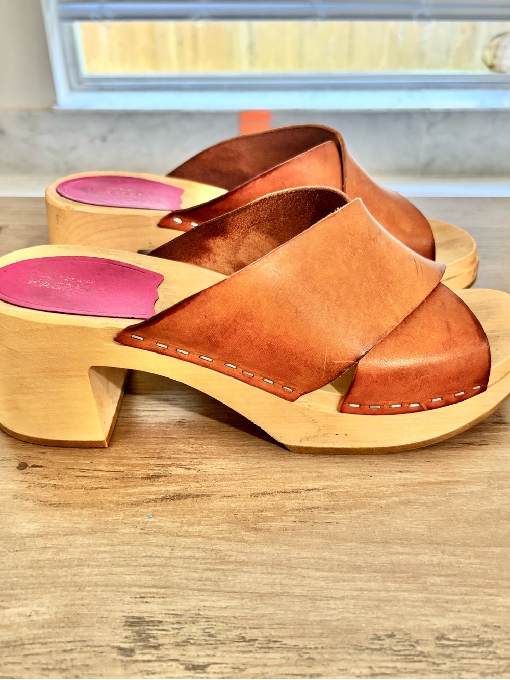 Swedish Hasbeens Anette High Tan Crossband Leather Clogs - Picture 2 of 16